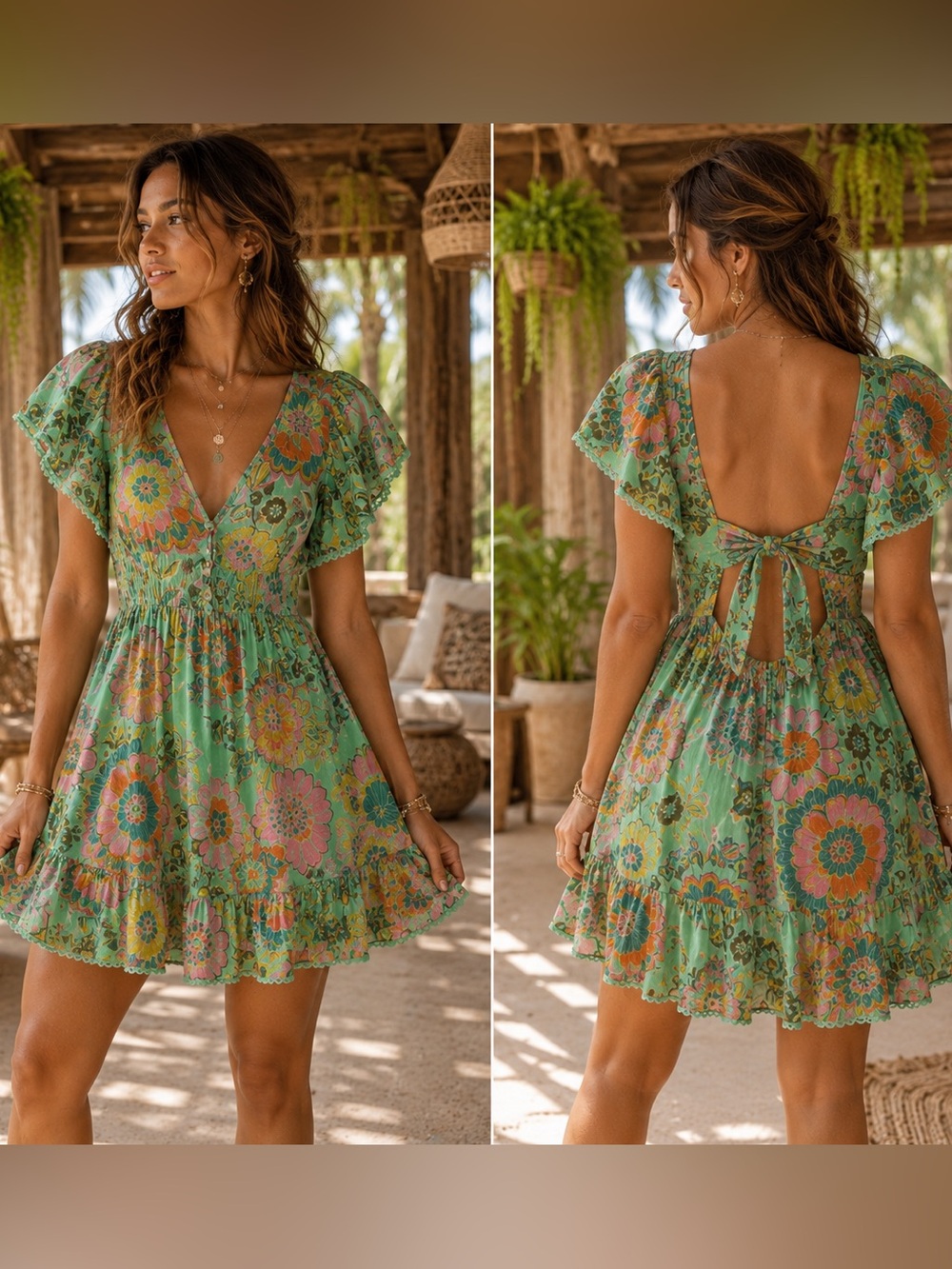 12. ANGIE GREEN FLORAL BOHO OPEN BACK DRESS M {Cochella  fairycore dress}